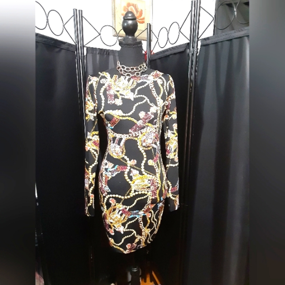 Lux LA Elegant Black and Gold Women's Dress Plunging Back Neckline Size M Sexy